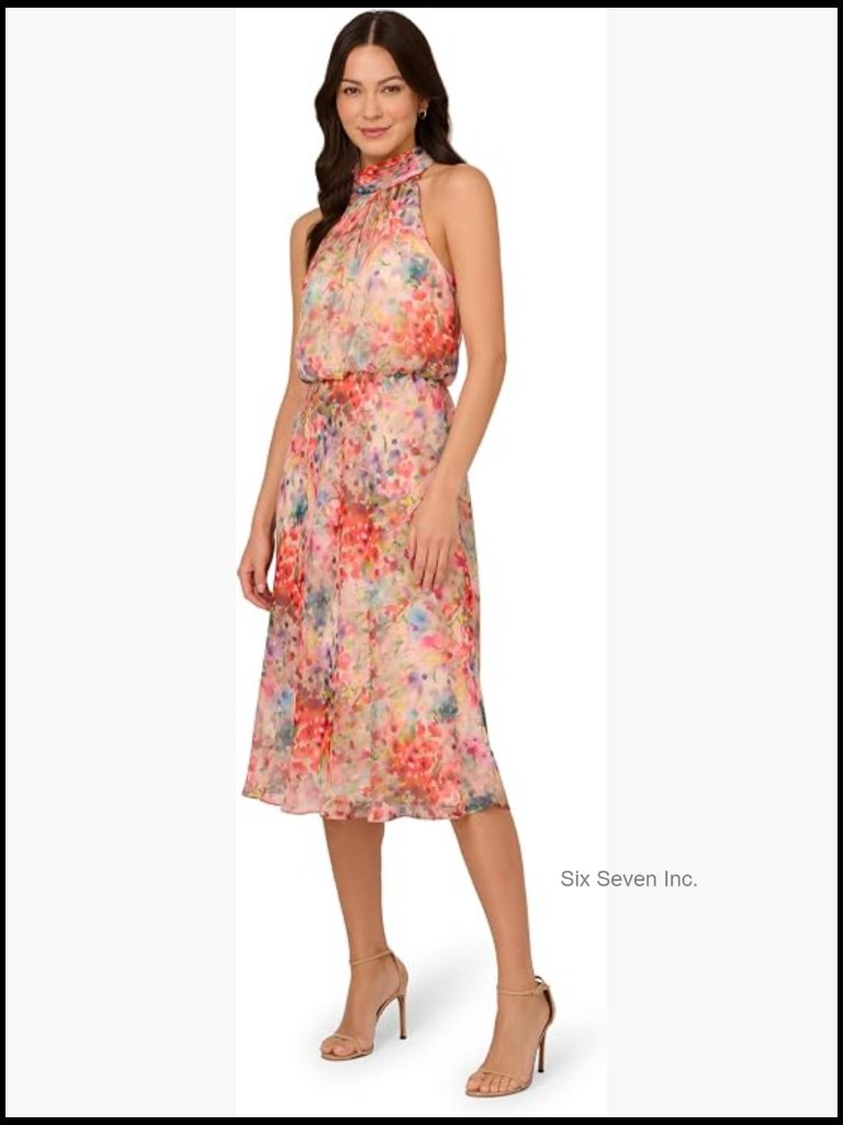 Halter Tie Blouson Midi Dress In Polyester Metallic